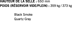 HAUTEUR DE LA SELLE : 650 mm POIDS (RÉSERVOIR VIDE PLEIN) : 359 kg   373 kg   Black Smoke Quartz Gray