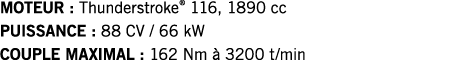 MOTEUR : Thunderstroke  116, 1890 cc PUISSANCE : 88 CV   66 kW COUPLE MAXIMAL : 162 Nm à 3200 t min